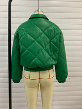 Green Faux Leather Cotton Padded Coat Polo Collar Plaid Cotton Coat Jacket Cardigan